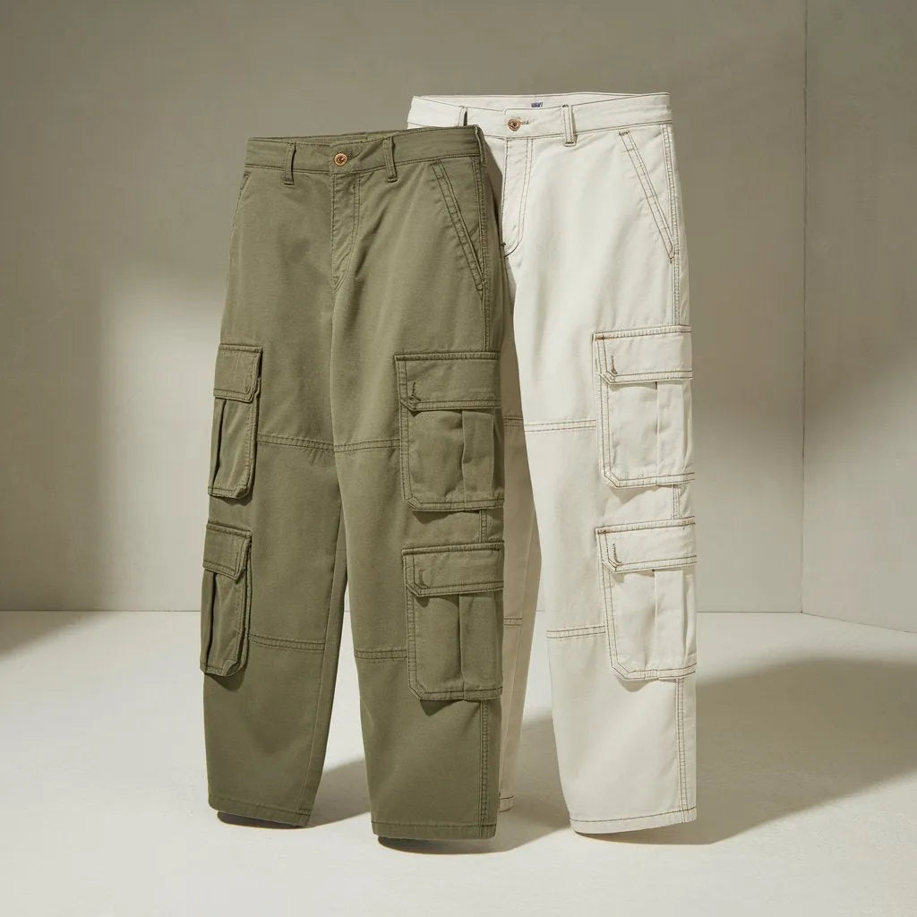 Men Olive & Off-White Cargo Pants Combo  Cotton Utility Multi-Pocket Trousers (Pack of 2)